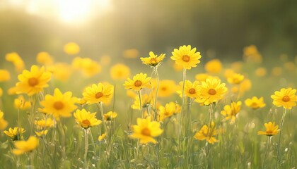 Fototapeta premium Yellow Wildflowers in a Sunlit Meadow