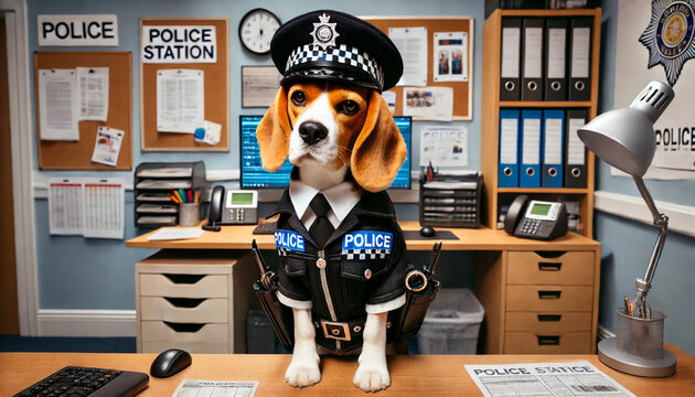 Dog dressed as police officer in an office setting.