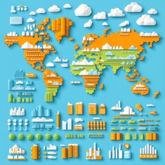 Naklejka premium Colorful 3D Map of the World with Abstract Building Designs, Clouds, and Graph Elements Representing Growth and Development in a Vibrant Style