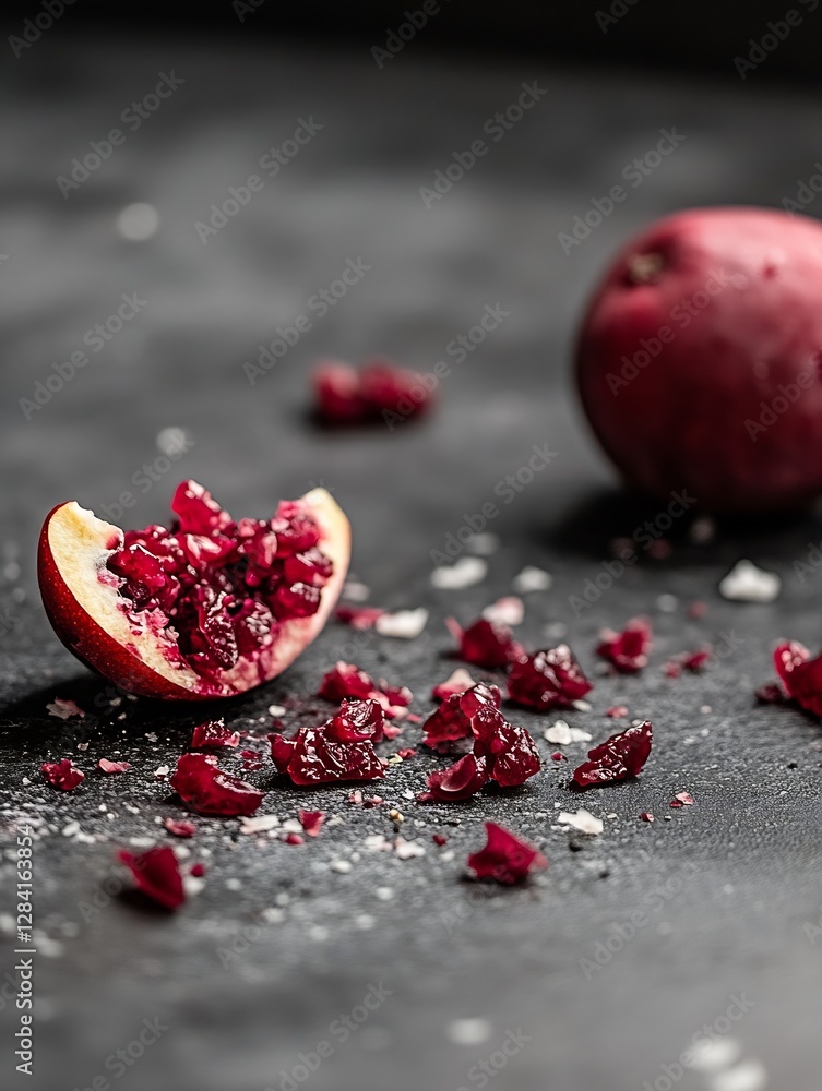 Poster Artistic closeup of a fresh red apple with chunks and crumbs creating a visually appealing composition : Generative AI
