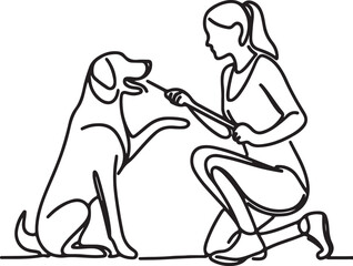Elegant Line Art of a Woman Training Her Dog