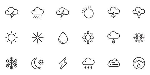 Fototapeta premium Weather editable stroke outline icons set isolated on white background
