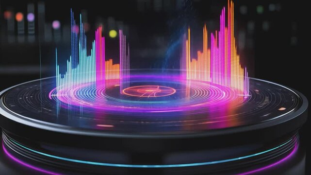 Digital Symphony: A futuristic DJ setup with vibrant, animated sound waves. It's a dynamic display of music and technology, the colorful waves rising in sync with the beat