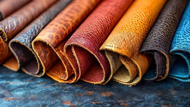 A stack of high-quality leather pieces in various shades, arranged on a wooden surface in a craftsman workshop