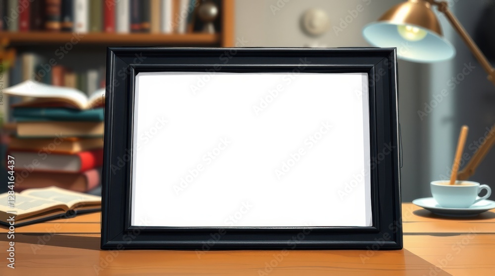 Poster blank frame on a desk in front of books, perfect for adding your own images or inspirational quotes.