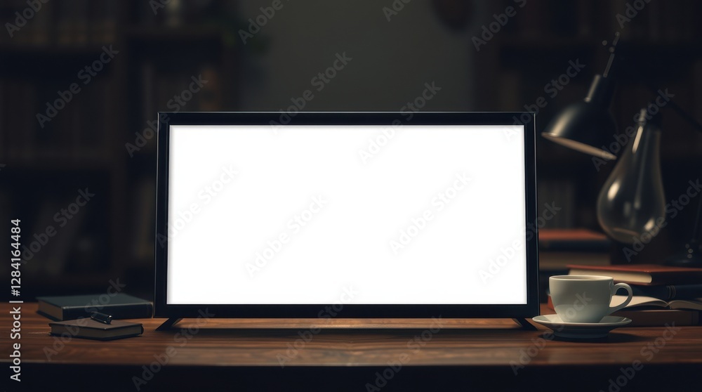 Poster workspace monitor: a clean, well-lit desk with a blank monitor, ready for content and digital workfl