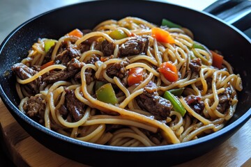 Delicious Beef Noodles with Vegetables in a Black Pan