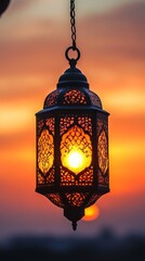 Ornate Hanging Lantern at Sunset: Ramadan's Glow