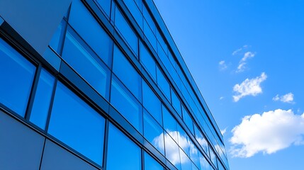 Obraz premium Modern glass building reflecting blue sky and clouds creating a stunning urban landscape view : Generative AI