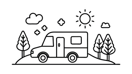 Simple Line Art of a Camper Van in a Scenic Forest Setting