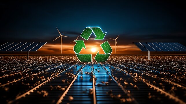 A vibrant sunset illuminates a solar farm with a green recycling symbol promoting sustainable energy and eco-friendly practices.