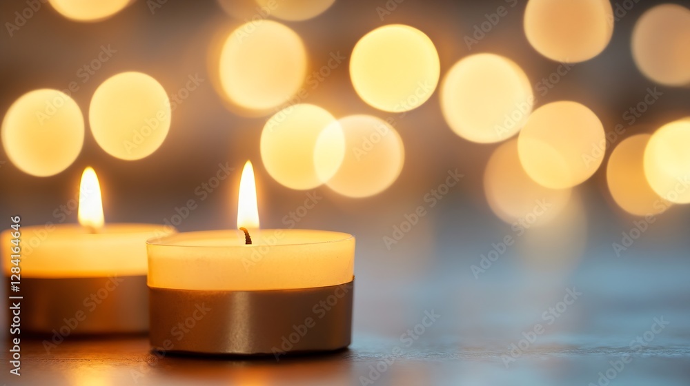 Fototapete two elegant candles glowing softly on a table with beautiful bokeh background lights creating a sere