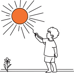 Small Boy Drawing a Sun on Wall in Line Art Style