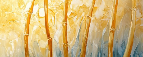 Abstract painting of bamboo stalks with earthy yellow and blue tones