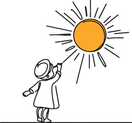 Small Boy Drawing a Sun on Wall in Line Art Style