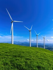 A stunning view of wind turbines on a green hillside under a bright blue sky.