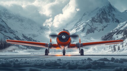 Red propeller plane on snowy runway with mountains.