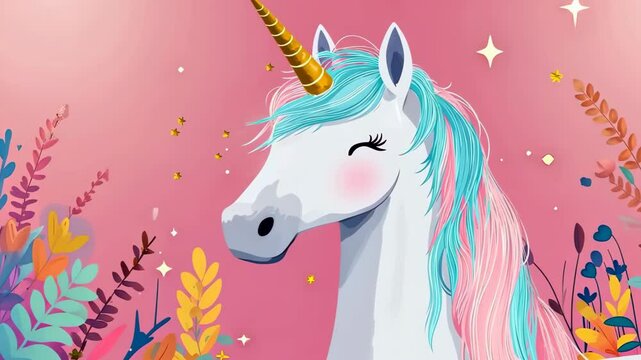Majestic Unicorn with Golden Horn Surrounded by Vibrant Foliage and Star Accents on a Pink Background