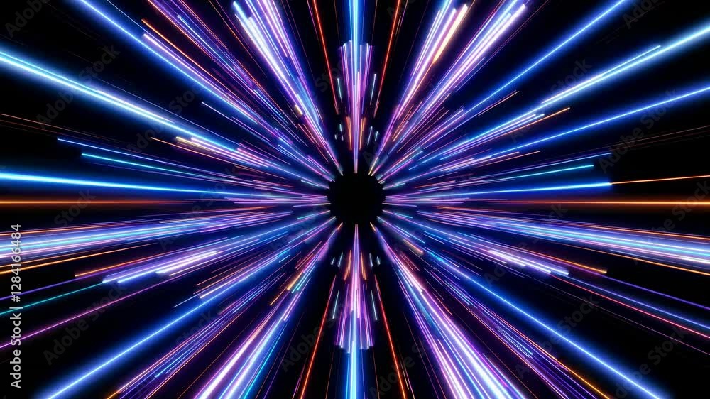 Poster dynamic video concept with a futuristic style, featuring vibrant neon light trails converging at a c