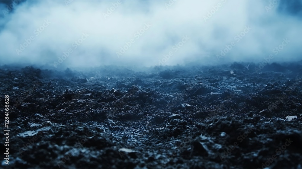 Poster Close Up View of Dark Soil Surface with Fog Creating a Mysterious Atmosphere : Generative AI