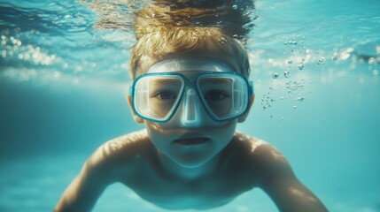 Fototapeta premium Boy swimming underwater in the pool with goggles for scuba diving, look at the camera. Underwater kid portrait in motion.