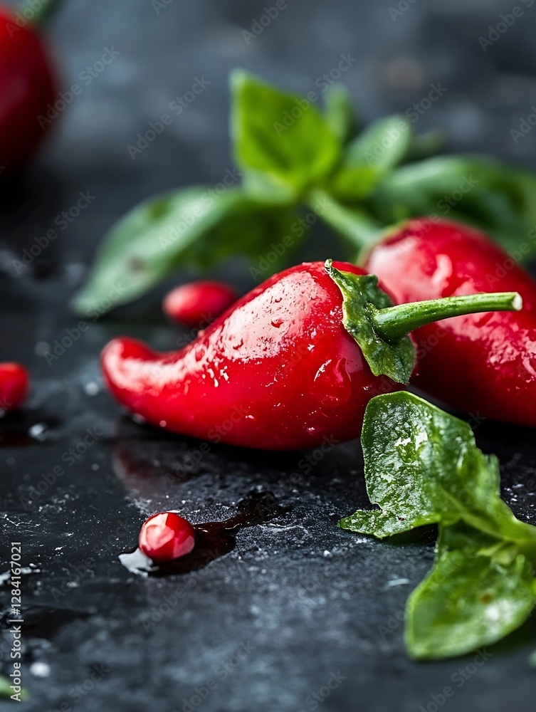 Aufkleber fresh red chili peppers with leaves on dark surface for culinary use : generative ai