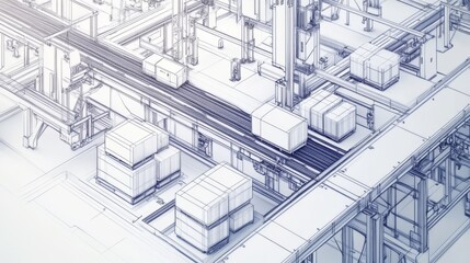 Abstract Isometric Cityscape Depiction in White and Blue Architectural Blueprint Style