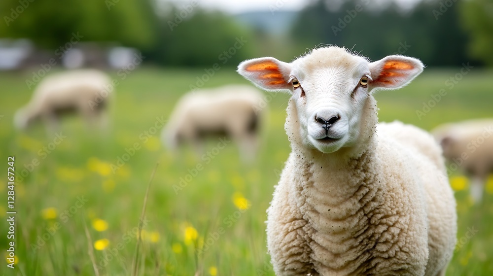 Poster close up of a smiling sheep in a lush green field surrounded by flowers and other sheep in the backg