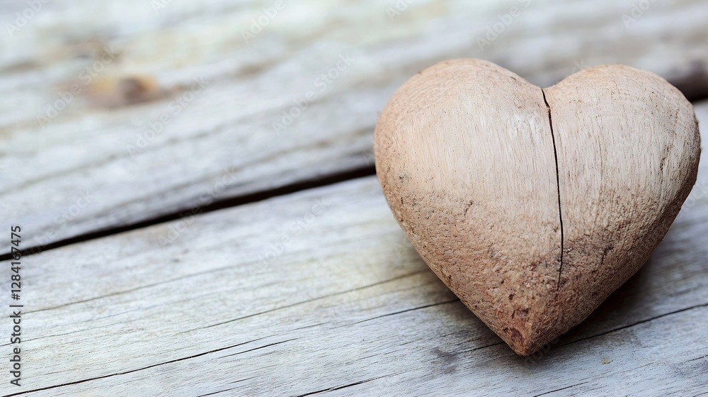 Poster Natural wooden heart shape on a rustic wooden background representing love and rustic charm : Generative AI
