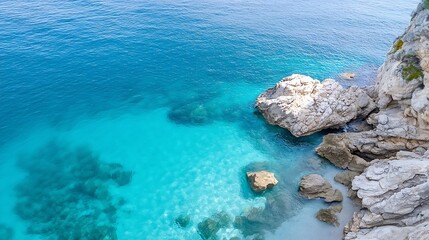 Fototapeta premium Aerial view of crystal clear turquoise water washing over rocky shores at a beach : Generative AI