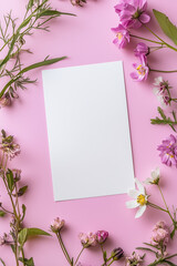 Obraz premium Blank Paper with Floral Border. Blank paper centered on pink with floral border. Ideal for invitations, greeting cards, and romantic designs.