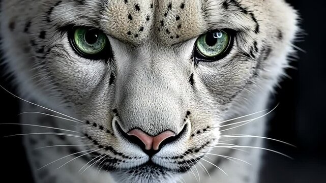 Snow leopard gazes intensely at the viewer in a captivating close-up shot showcasing its striking features and piercing green eyes