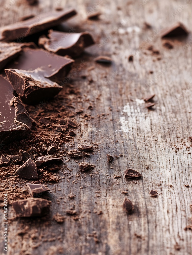 Poster an artistic arrangement of broken chocolate pieces scattered on a rustic wooden surface : generative