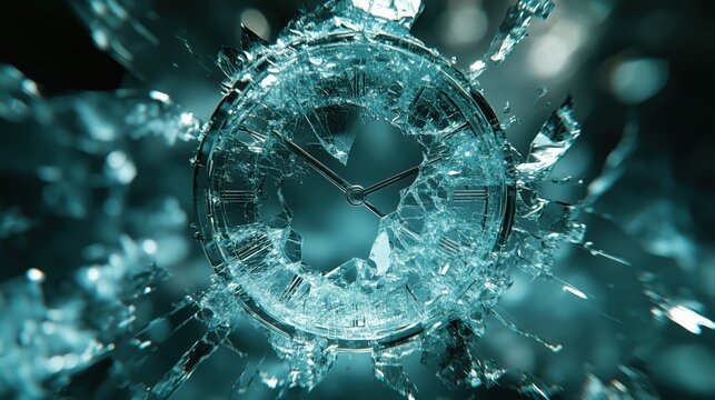 Broken glass clock showing time running out representing deadline pressure