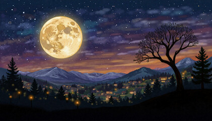 Moonlit landscape with mountains and village at night