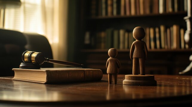 Wooden figures stand near a gavel and law book on a rich wood table in a library.
