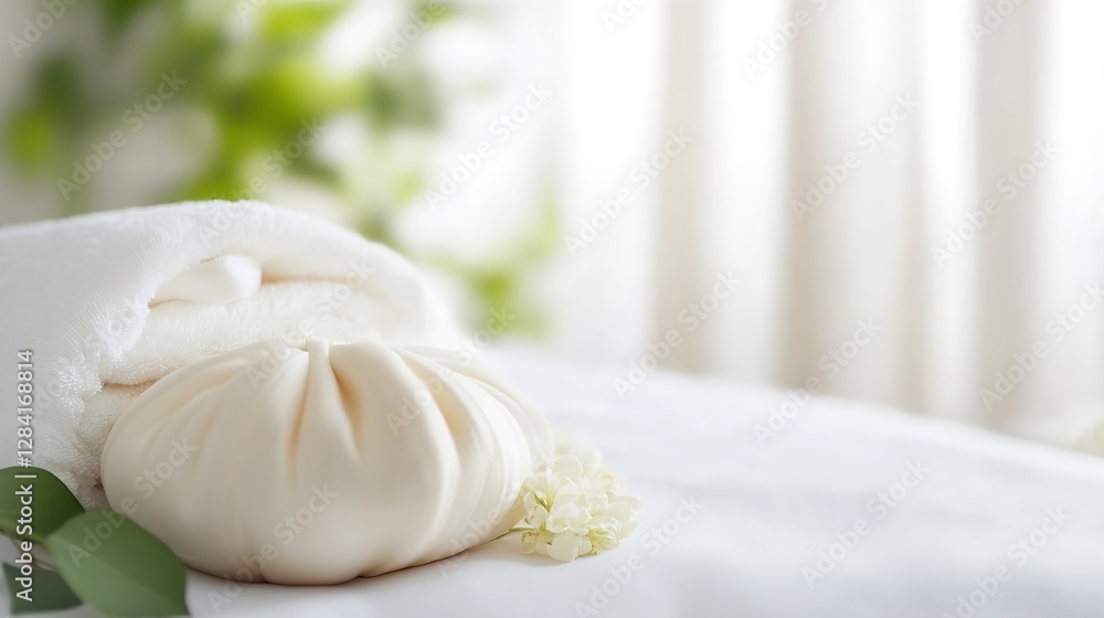 Aufkleber luxurious spa setting featuring a massage pouch resting on a plush towel : generative ai