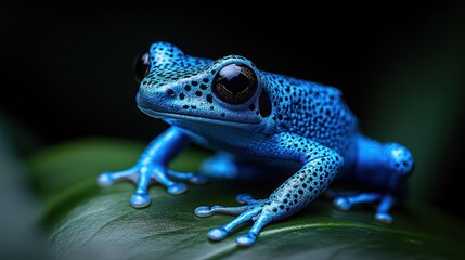 Obraz premium Vibrant Blue Poison Dart Frog on Leaf in Dark Jungle