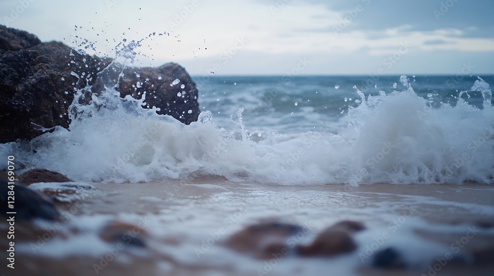 Aufkleber Dynamic closeup view of ocean waves crashing against rocks creating a refreshing splash effect : Generative AI