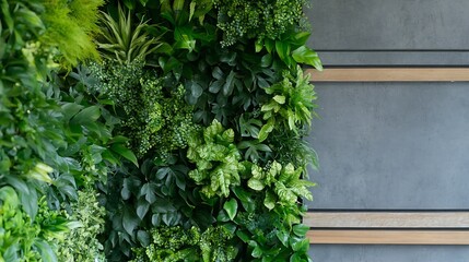 Fototapeta premium Lush green vertical garden wall filled with various plants creating a natural atmosphere : Generative AI