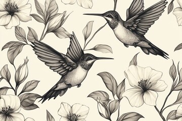 Hummingbirds and flowers pattern, nature design, seamless background, home decor