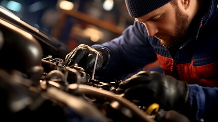 Mechanic skillfully repairing a car engine in a dimly lit workshop with tools scattered around