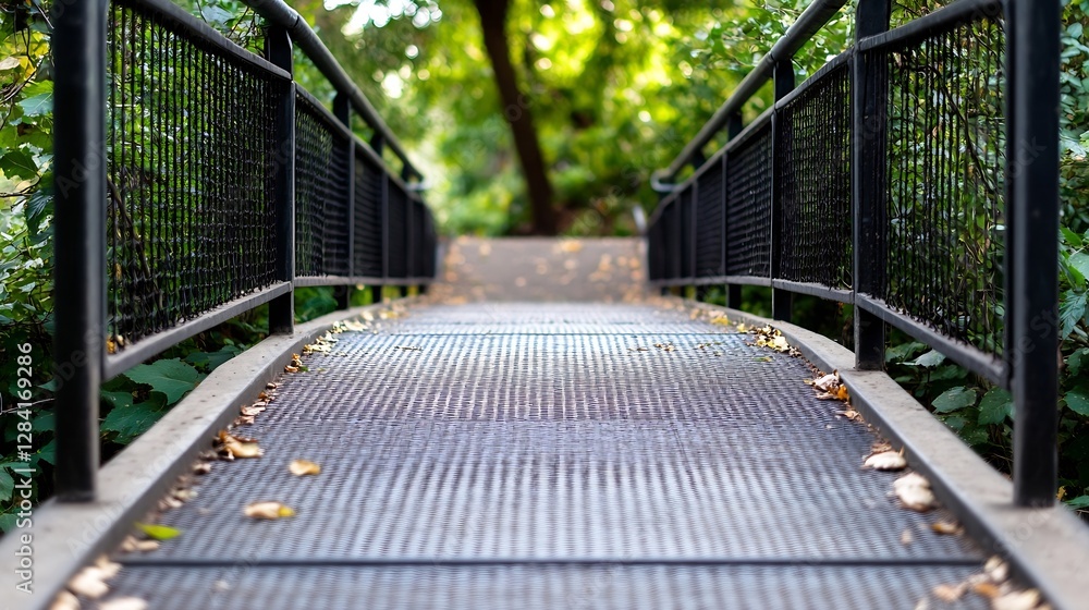 Poster Charming pathway bridge surrounded by lush greenery and soft sunlight filtering through the trees : Generative AI