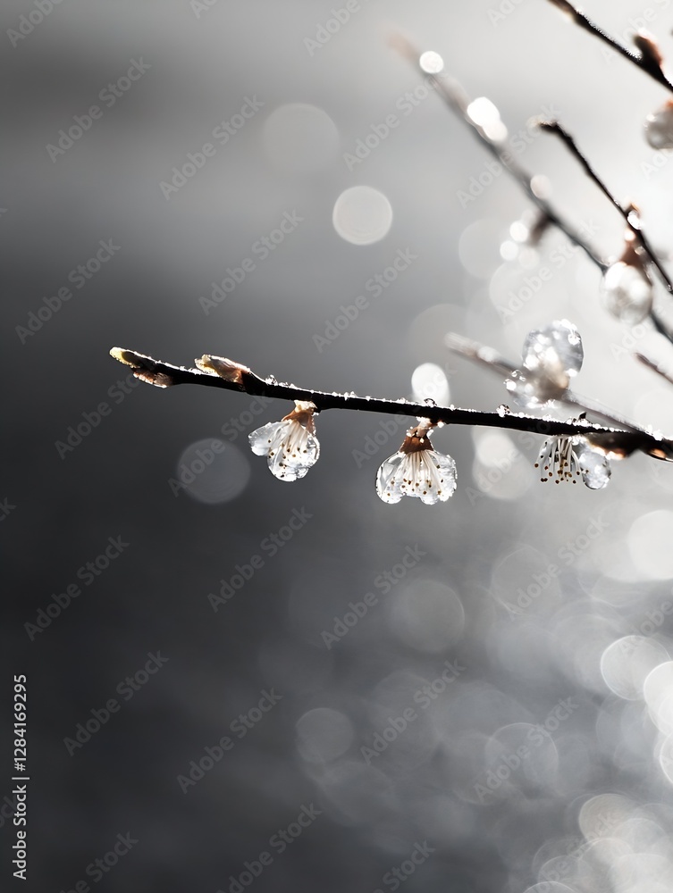 Poster Delicate branches adorned with sparkling water droplets on flower buds against a soft sparkling background : Generative AI