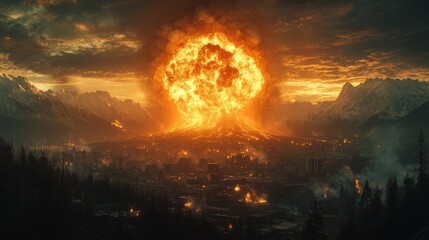 Fiery volcanic eruption obliterates a town, causing widespread destruction and fire.