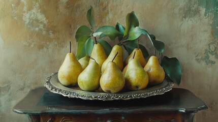 Elegant arrangement of pears on antique tray with rustic background