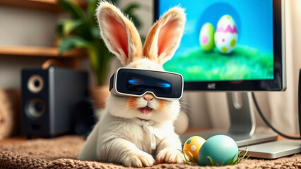 Rabbit in virtual glasses on the background of a computer with an image of eggs. Easter holiday concept.