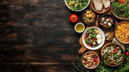 A wellbalanced Easter feast flatlay with bright spring dishes contrasting against a dark wood text background