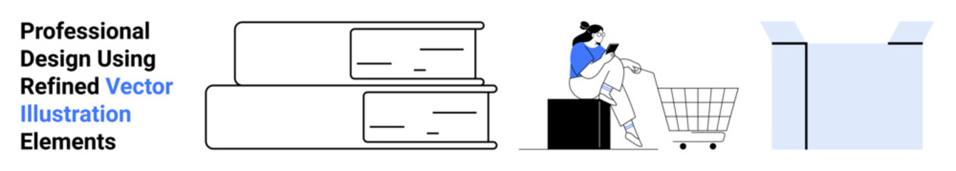 Woman sits near a shopping cart holding a phone, stacked boxes, and a package. Ideal for e-commerce, logistics, online shopping, delivery services, retail, shipping flat landing page banner