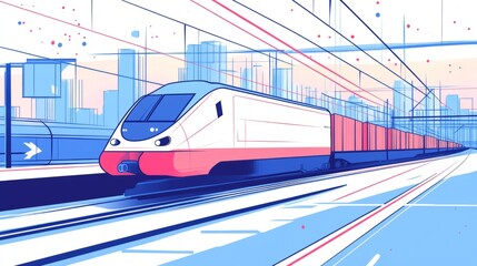 Fototapeta premium Cityscape Train with High Speed on Railroad Track with Pixel Art Style